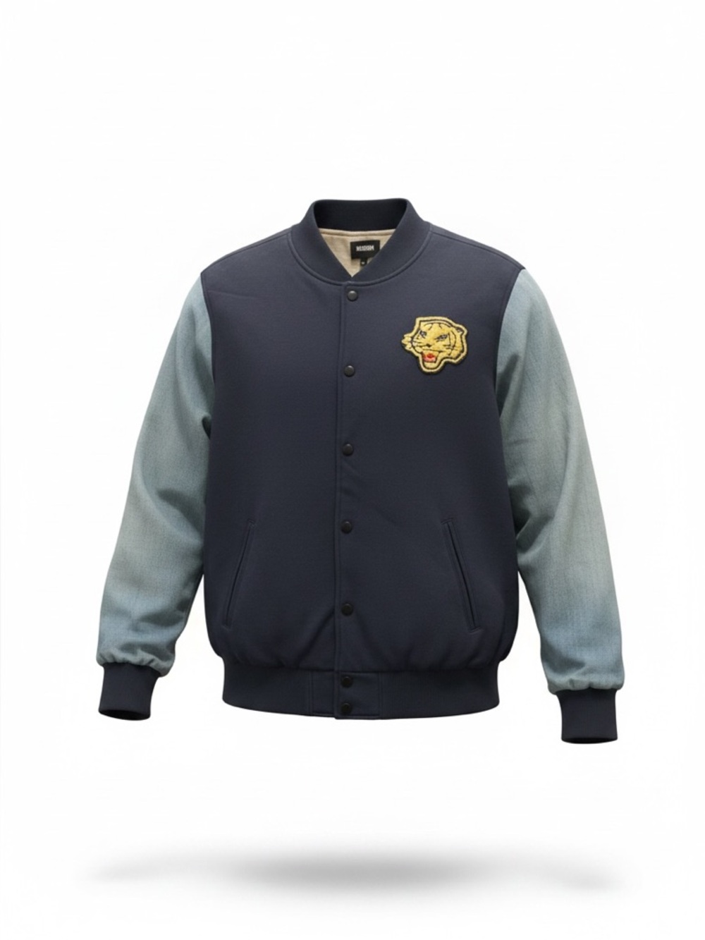 Hudson Men’s XL Varsity Bomber Jacket Navy Blue Snap Front Tiger Patch
